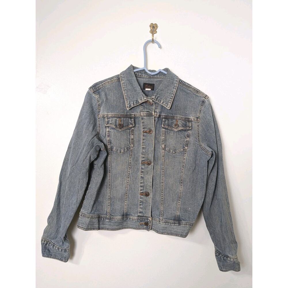 Riders Copper Collection Womens Size L Blue Jean Denim Jacket Stretch Distressed